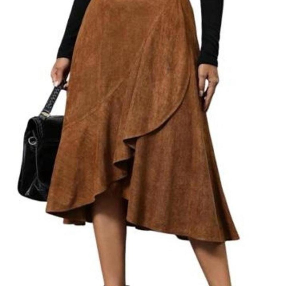 Fimarsted Skirt High Waisted Asymmetrical Ruffle  Suede Feel Midi Skirt